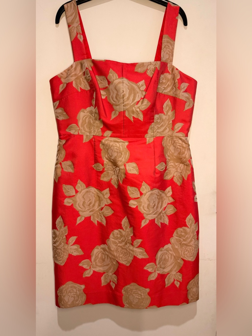 J. Crew Red Floral Sheath Dress with Beige Rose Print